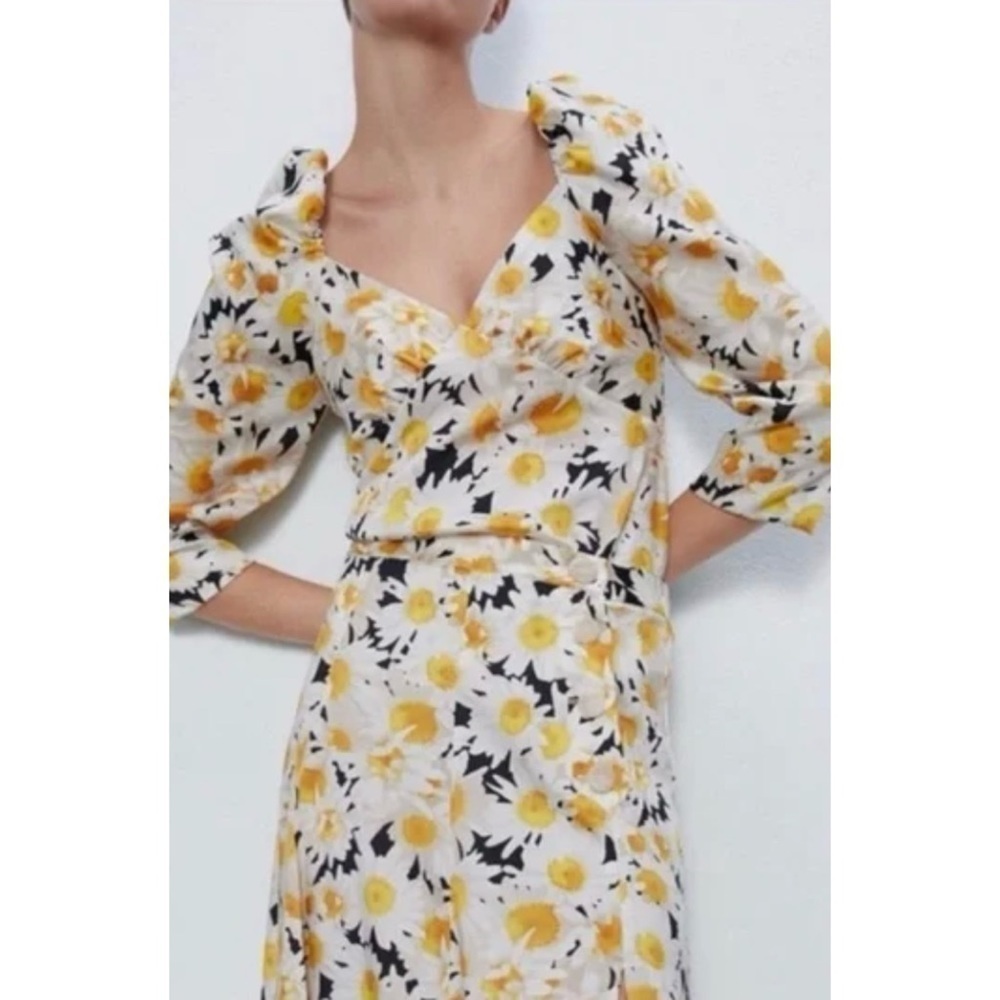 Zara floral daisy print top yellow blouse puff sleeve flowers spring summer S